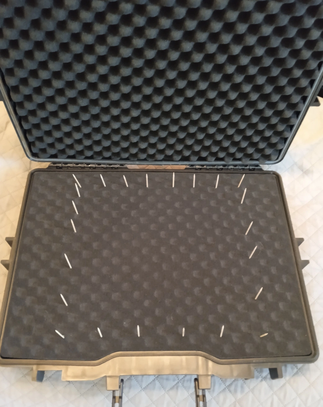 Toothpicks inserted into pick-and-pluck foam to mark the outline of the Maschine MK3