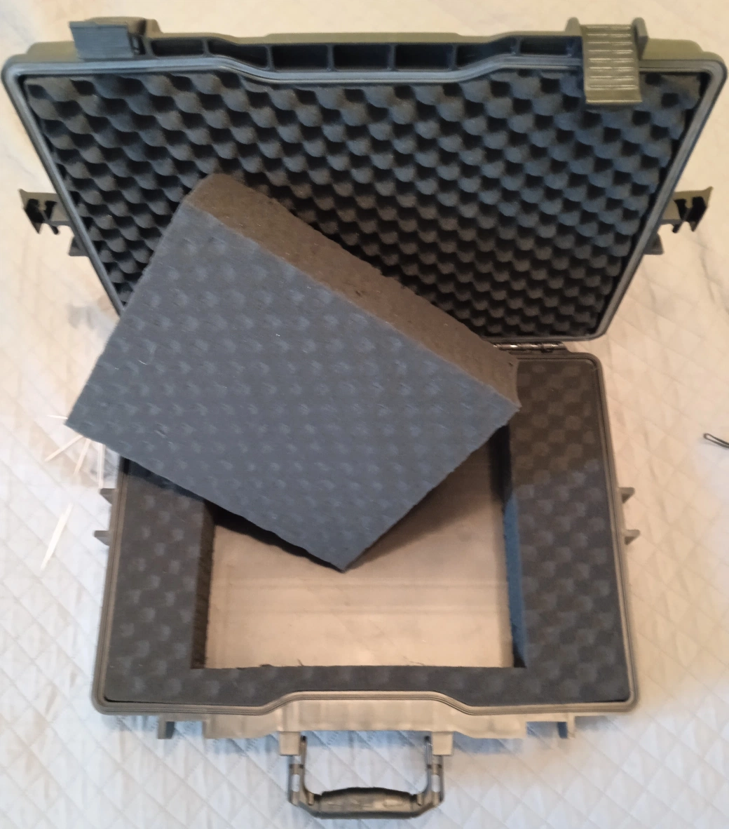 Foam block removed from Maschine MK3 case cutout ready for angled cut
