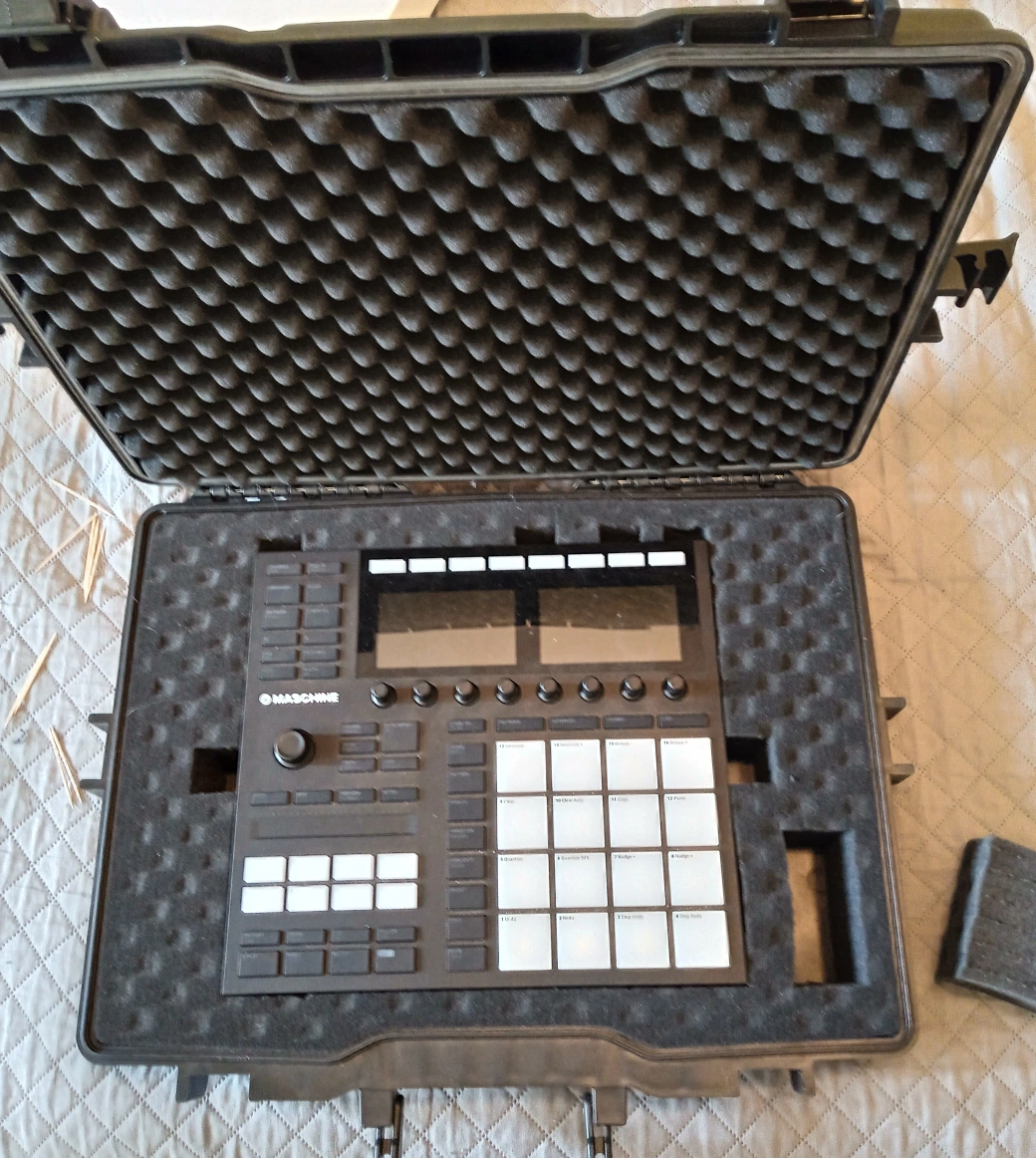 Maschine MK3 controller seated snugly inside custom foam cutout in hermetic tool case
