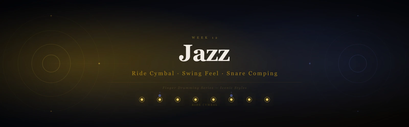 Week 12 finger drumming - jazz ride cymbal pattern, swing subdivision, snare comping and brushwork technique